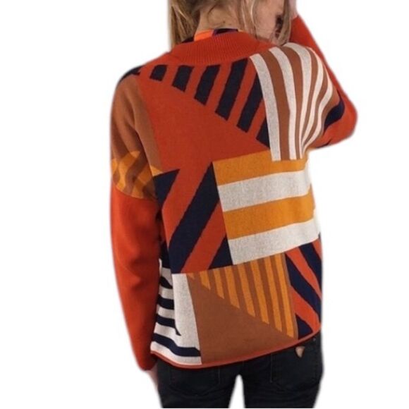 NWT SKFK Karle Organic Cotton Orange Blue Gold Print Knit Sweater Size 12 - Picture 4 of 12